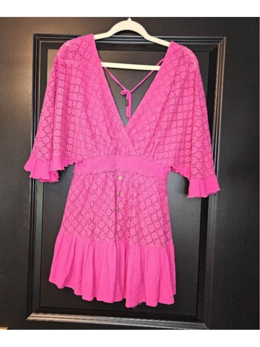 BiBi Boutique Eyelet Lacey Romper Magenta Pink Mini Dress S/M - Picture 3 of 7